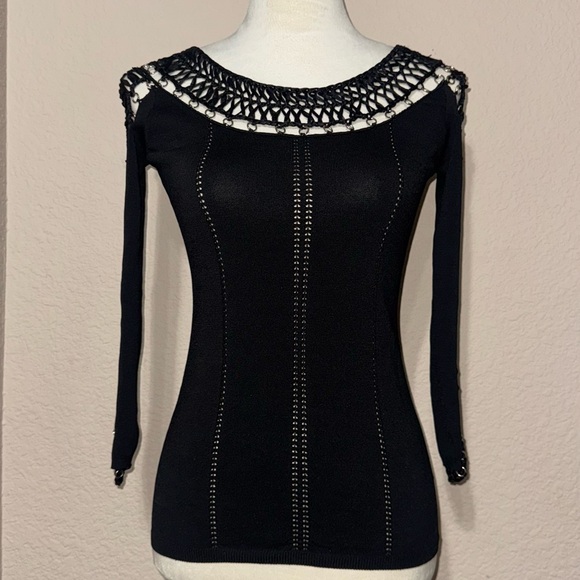 Cache Black bandage Knit Top with Ring cut out Crochet Accents size XS - Picture 1 of 6